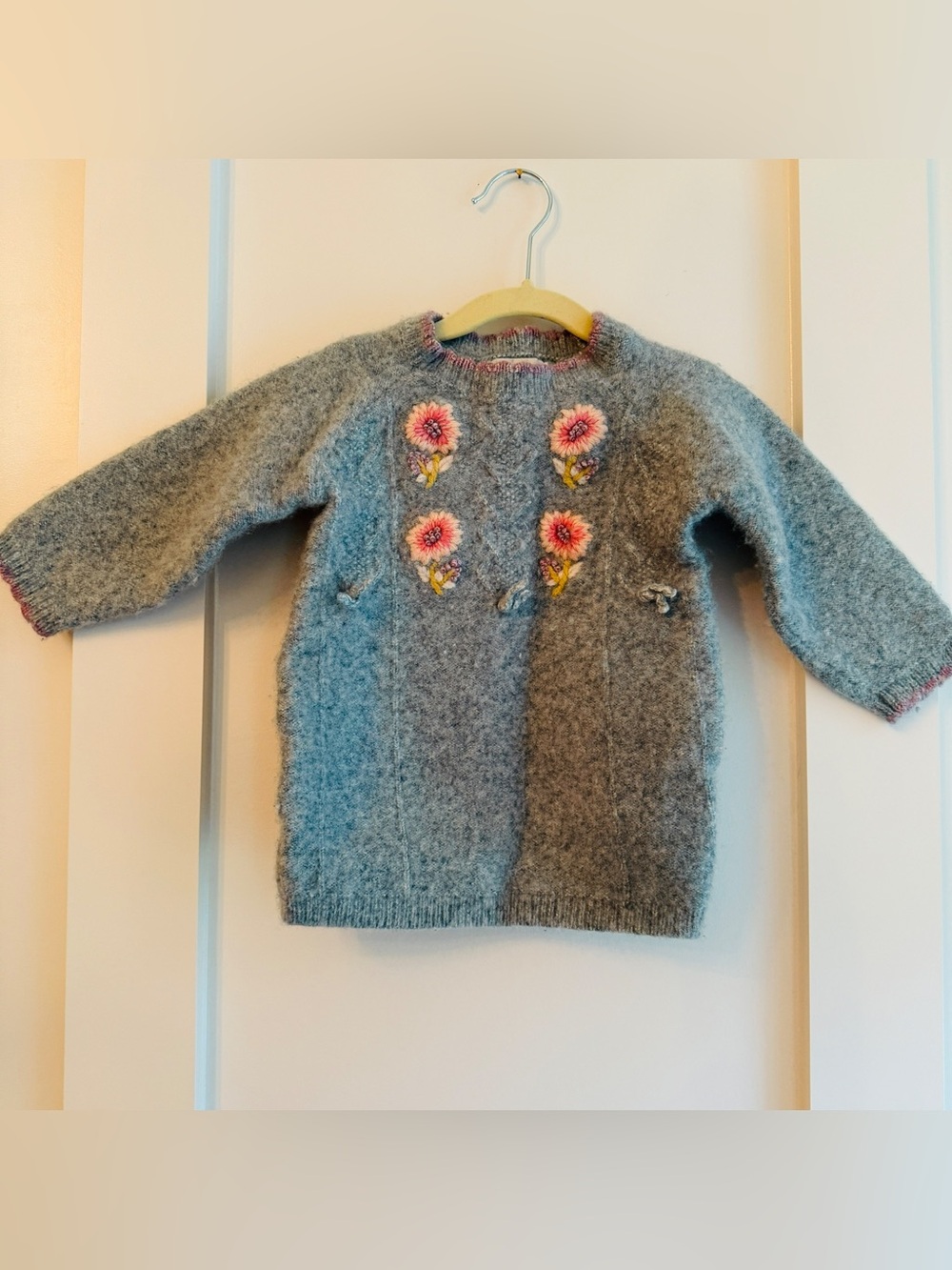 Girls' Grey Floral Embroidered Wool Sweater Dress